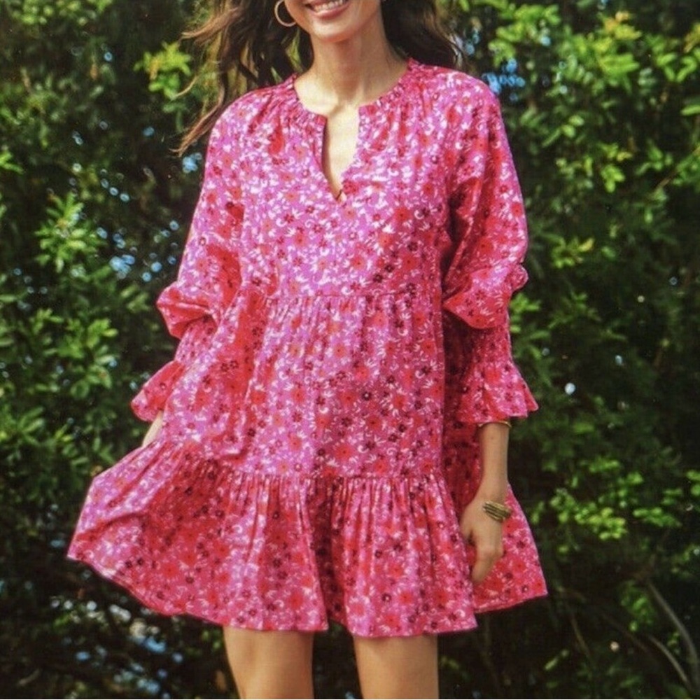 FIGUE Bella French Pink Floral Print Tiered Cotton Mini Baby Doll Dress - Picture 5 of 16